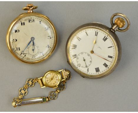 A SILVER POCKET WATCH, gold plated pocket watch and a ladies Aristo watch (3)