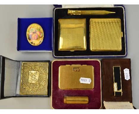 A TRAY OF MIXED ITEMS, to include compact set, pen, compact and cigarette case set, Colibri lighter, buckle and Aynsley brooc