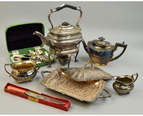 A PLATED THREE PIECE TEA SERVICE, plated kettle on burner, plated entree dish and mixed flatware