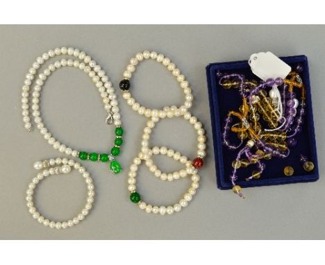 A FRESH WATER PEARL TORQUE BANGLE AND MATCHING EARRINGS, an amethyst and citrine necklace and three fresh water pearls, brace