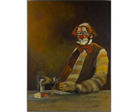 CAVAN CORRIGAN (BRITISH, B.1942-), HALF LENGTH PORTRAIT OF A CLOWN,  seated at a table holding a bottle and a glass with a pl