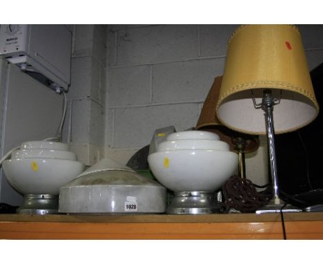 A QUANTITY OF VINTAGE OPALINE LAMP SHADES, and an enamel lamp shade