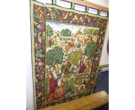 A 20TH CENTURY WALL TAPESTRY OF A FIGHTING MEDIEVAL SCENE, on an oak rail, approximate size width 120cm x height 172cm
