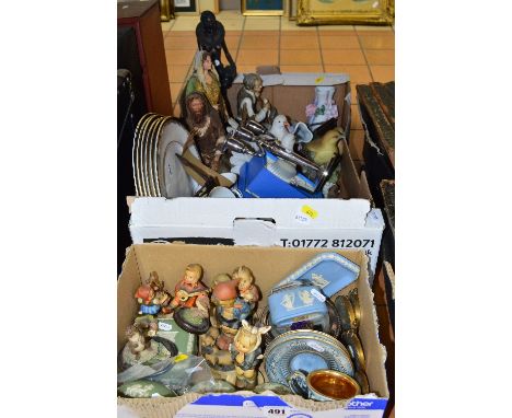 TWO BOXES OF CERAMICS, METALWARES, etc, to include (silver ring - broken), Wedgwood jasperwares, Hummel figures, Royal Grafto