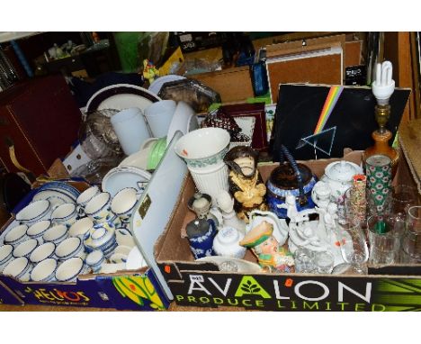 FOUR BOXES OF CERAMICS, GLASS, SUNDRY ITEMS ETC, to include two Kaleidoscopes, Pink Floyd record, metronome, etc