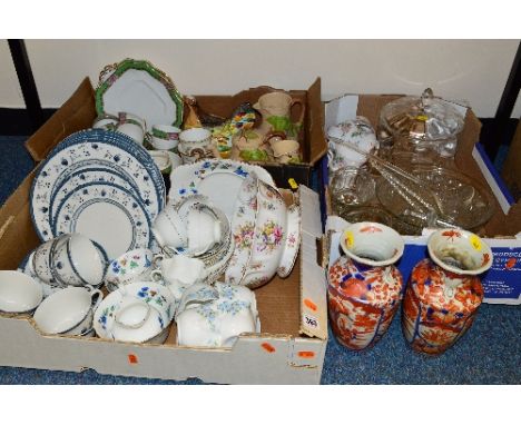 THREE BOXES OF CERAMICS, GLASSWARE, etc, to include Royal Doulton 'Cambridge', Tuscan, Staffs and other tea/dinnerwares, a pa