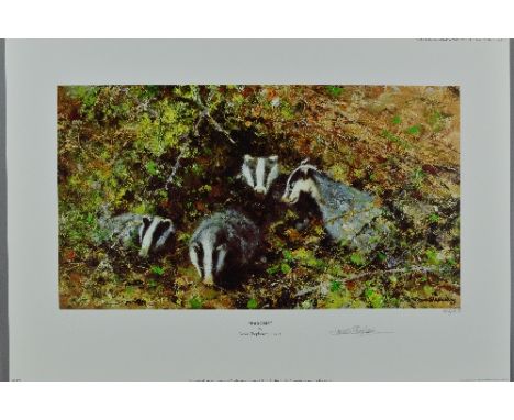 DAVID SHEPHERD (BRITISH 1931-1917) 'BADGERS', a limited edition print of a clan of badgers at the entrance to their sett, 833