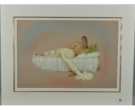 KAY BOYCE (BRITISH - CONTEMPORARY) 'REFLECTION' a limited edition print 421/500 of a woman lying on a bed, signed and numbere