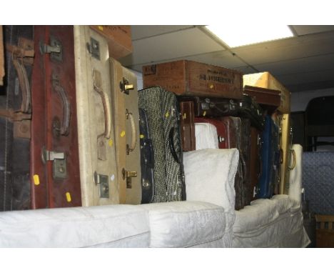 EIGHTEEN VARIOUS VINTAGE SUITCASES, and four wooden crates (22)