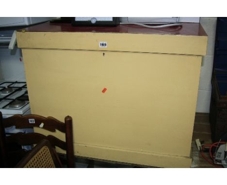 A PAINTED PINE TOOL BOX, with trays to inner, approximate size 78cm x 62cm x 60cm