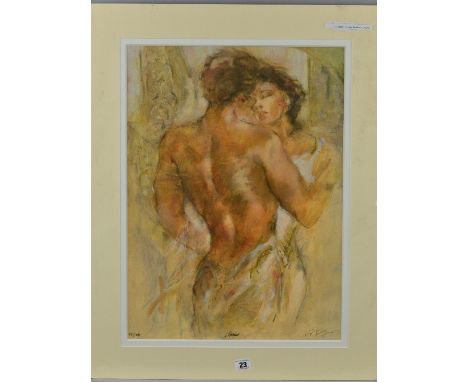 GARY BENFIELD (BRITISH 1965) 'L'AMOUR', a limited edition print 722/750 of a scantily clad couple embracing, signed, titled a