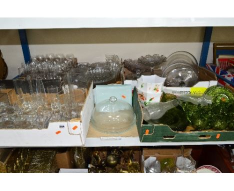 FIVE BOXES AND LOOSE ASSORTED GLASSWARE, to include a vintage green glass drinking set, modern clear glass vases, drinking gl