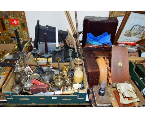 THREE BOXES AND LOOSE SUNDRY ITEMS, to include mounted Rams skull, cased games compendium, boxed calligraphy set, metalwares,