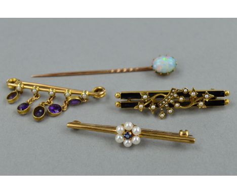 A COLLECTION OF EARLY AND MID 20TH CENTURY BROOCHES, to include a single stone opal stick pin, oval cabochon cut opal measuri