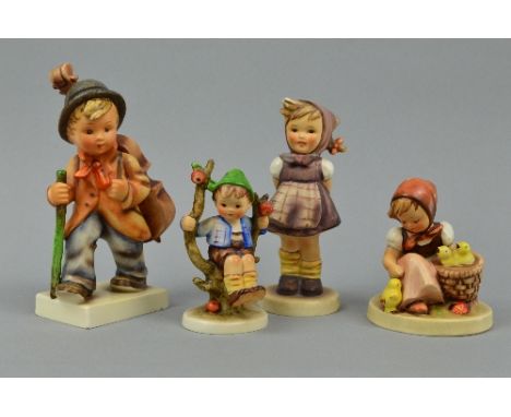 FOUR HUMMEL FIGURES, 'Chick Girl' Hum57, 'Little Cellist' Hum89,'Apple Tree Boy' Hum142 and 'Which Hand?' Hum258 (head reglue