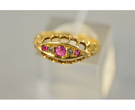 A VICTORIAN 18CT RUBY AND DIAMOND BOOT RING, ring size M, approximate weight 2.4 grams