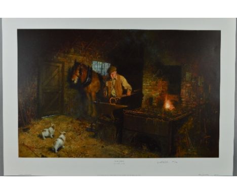 DAVID SHEPHERD (BRITISH 1931-2017) 'JIMMY'S FORGE'  a limited edition print 299/850 of a blacksmith making a horseshoe, signe