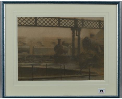 MARTIN J DOBSON (BRITISH 1947), a pastel and chalk drawing of steam trains in a railway station, signed lower right in pencil