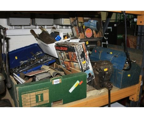 A VINTAGE ESSO BLUE PARAFFIN CAN, a tray of tools, a tool box containing tools, a Black and Decker stapler, a paint stripper 