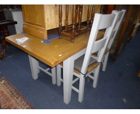 A LIGHT OAK TOPPED DRAWLEAF TABLE, on a painted base, approximate extended size length 160cm x depth 80cm x height 77cm, toge