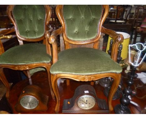 AN OAK CASED MANTLE CLOCK, walnut mantle clock, a brass two tier chandelier, a similar chandelier, three table lamps and two 