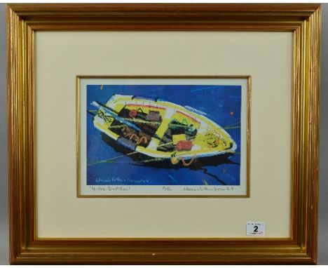 HAMISH MACDONALD (BRITISH 1935 - 2008) 'YELLOW BOAT, CRAIL', a limited edition print 63/600, signed and titled in pencil, mou