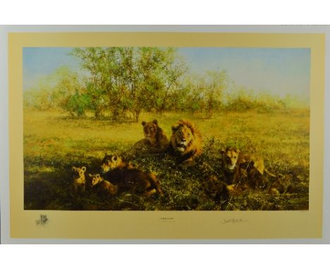 DAVID SHEPHERD (BRITISH 1931-2017), 'FIRST LIGHT AT SAVUTI', a limited edition print of Lions resting in the shade, 206/1500,