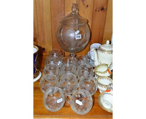 AN ETCHED GLASS PUNCH SET, comprising covered punch bowl and ladle and twelve cups