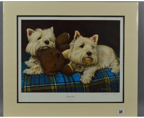 NIGEL HEMMING (BRITISH 1957) 'TEDDY BOYS'  a limited edition print of two white dogs with a teddy bear, signed and numbered i