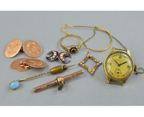 AN ASSORTED JEWELLERY COLLECTION, to include a pair of 9ct rose gold cufflinks, oval discs engraved with monogram, possibly '