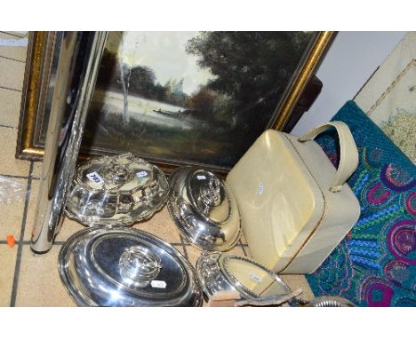 FOUR EPNS ENTREE DISHES, an oil painting of a punt on a wooded river, signed Geri 76 lower left, a vintage vanity case, a Sta