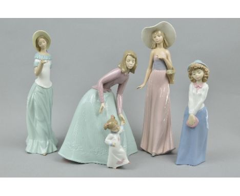 FOUR NAO FIGURES, to include 'First Steps' No.1318, a girl holding bag, lady with basket and another (missing arm) (4)