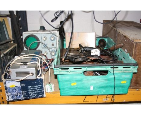 A BOX OF HAND TOOLS, and three items of test equipment including Solar Scope oscilloscope, a FET multimeter, etc