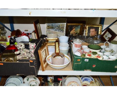 FOUR BOXES AND LOOSE SUNDRY ITEMS, CERAMICS, GLASS, PICTURES ETC, to include clocks, soda syphons, gilt framed prints, Midwin