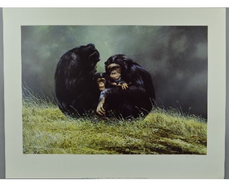 SPENCER HODGE (BRITISH 1943) 'FAMILY PORTRAIT' a limited edition print 45/350 of a family of chimpanzees, signed and numbered