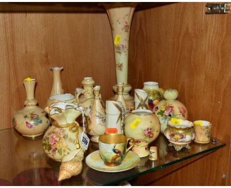 A GROUP OF ROYAL WORCESTER (MOSTLY DAMAGED), to include blush ivory vase shaped as a coin purse with rope tied neck No.511, a