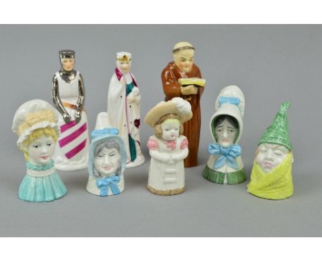 SIX ROYAL WORCESTER CANDLESNUFFERS, 'Mr Caudle', 'Mrs Caudle', 'Old Woman', 'Mob Cap', 'Feathered Hat' (reglued) and 'Monk', 