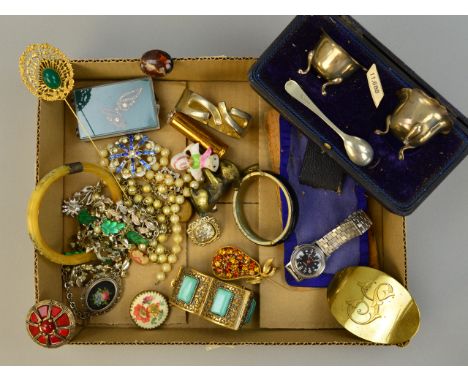 A BOX OF MISCELLANEOUS COSTUME JEWELLERY, including Timex watch, silver cruet set, brooches etc