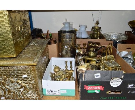 FOUR BOXES OF ASSORTED METALWARES AND LOOSE ITEMS, to include brass base oil lamps, coal box, ornaments, copper kettle and a 