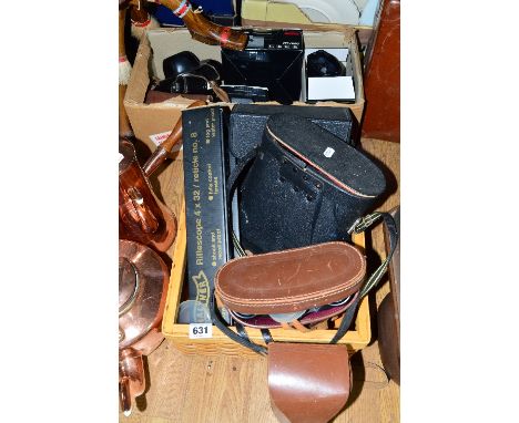 TWO BOXES BINOCULARS, CAMERAS, etc, to include Karl Metz 7x50 lens, Optina 7x35, Prinz 10 x 50, Commodore 10x50 binoculars (a