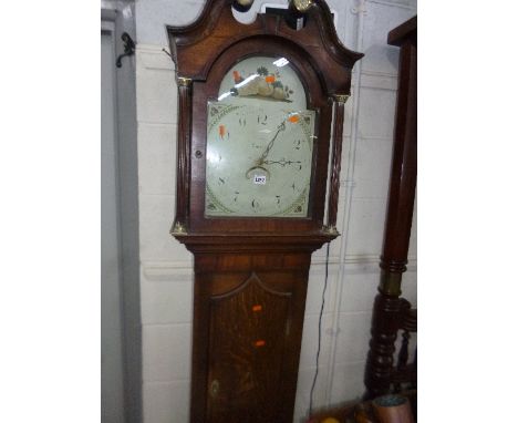 A GEORGE III OAK AND INLAID LONGCASE CLOCK, 30 hour movement, painted dial, Arabic numerals, subsidiary date aperture, face s