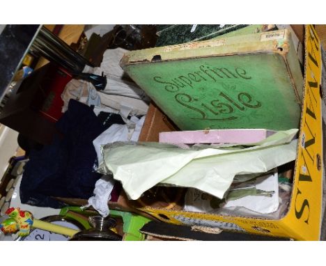 TWO BOXES OF VINTAGE HABERDASHERY ITEMS, to include boxed unworn gloves, boxed unworn stockings, sewing accoutrements and clo