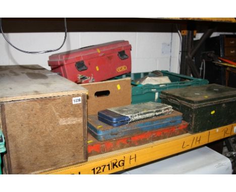 TWO TRAYS OF TOOLS, a deed box of tools, two socket sets, a plastic tool box and a wooden box containing consumables