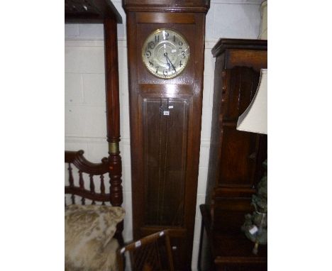 A MID 20TH CENTURY OAK LONGCASE CLOCK, the circular dial with Arabic numerals, approximate height 212cm (pendulum)