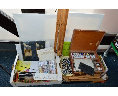 A QUANTITY OF ARTIST'S MATERIALS, to include easel, canvases, brushes, paints etc
