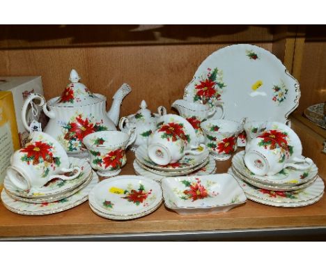 ROYAL ALBERT 'POINSETTIA' TEAWARES AND TRINKETS, to include teapot, milk jug, covered sugar bowl, six cups, six saucers, six 