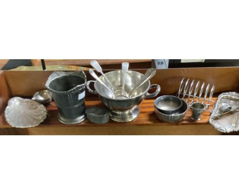 PLATED BOTTLE HOLDER, SNUFFER &amp; TRAY, 2 BOWLS, 5 PLATED LADLES, SNUFF BOX, TOAST RACK, 2 JUGS &amp; DISH