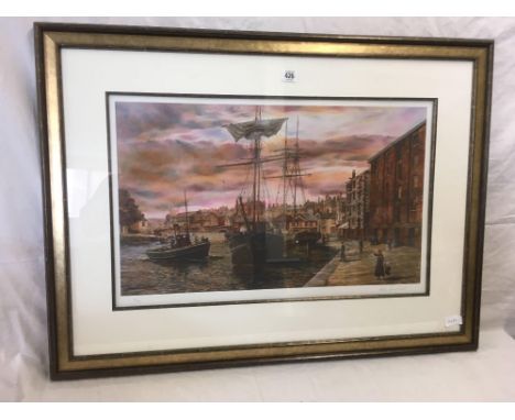LARGE LIMITED EDITION PRINT OF EXETER QUAY BY PETER GOODHALL, WITH TALL SHIPS &amp; FERRY, NO. 10/195, 36" X 26" OVERALL