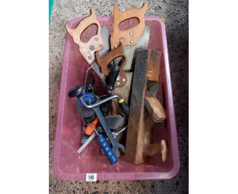 CARTON OF MISC HAND TOOLS INCL; WOOD BLACK PLANE