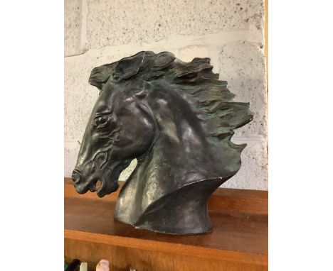 HORSE HEAD FLAMING MANE SCULPTURE BY AUSTIN PRODUCTIONS, SIGNED BY THE ARTIST J.SPRATT, 12" TALL &amp; A HARDWOOD TRIBAL HEAD